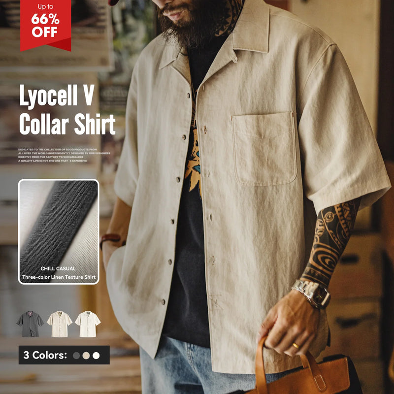អាវយឺតបុរស Maden Lyocell កអាវខ្លី ដៃខ្លី រលុង ងាយស្រួលដកដង្ហើម រដូវក្តៅ រចនាប័ទ្ម Old Money ប៊ូតុងចុះក្រោម ស្លាកផ្កា