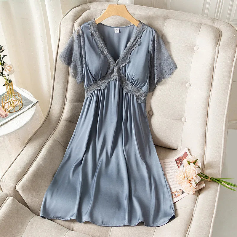 Fdfklak Sexy Silk Satin Thin Short-Sleeved Nightdress Women's Summer Nightgown New Princess Lace Ladies Sleepwear Nightshirt