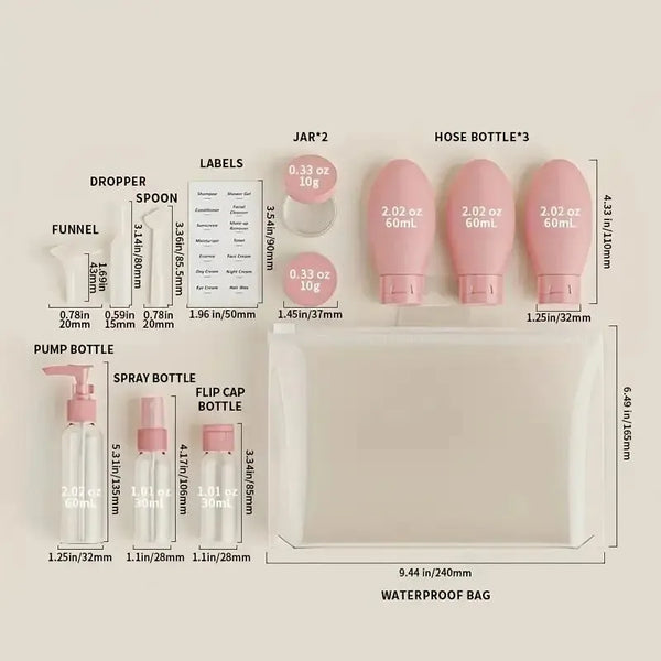 11pcs Travel Sub-bottling Set ,Leak-Proof Travel Toiletry, Airplane Approved Size,Spray Bottle & Squeeze Tubes with Bag