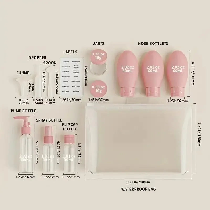 11pcs Travel Sub-bottling Set ,Leak-Proof Travel Toiletry, Airplane Approved Size,Spray Bottle & Squeeze Tubes with Bag
