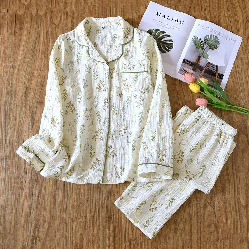 Nightwear 100% Cotton Women Pajama Printed Lapel Long Sleeve Trousers Sets Autumn Winter Home Wear Clothing Conjuntos De Pijama