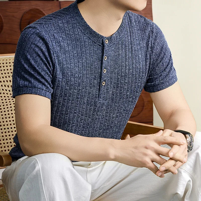 Daily Street Style Mens Speckle Textured Henley T Shirt Soft Knit Material Pub Visit Casual Dating And Short Trip Garment