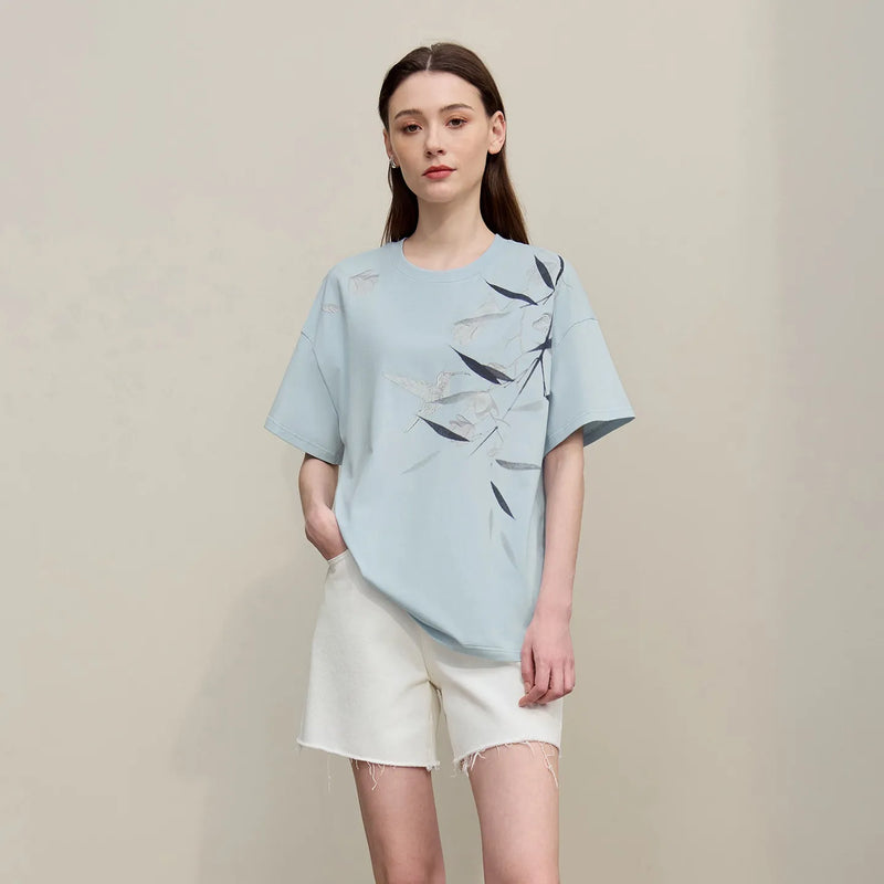 Amii Women's T-Shirt 2026 Summer New Chinese Print O-Neck Drop Shoulder Stretch Tops Cotton Loose Fit Short Sleeve Tee 12652009