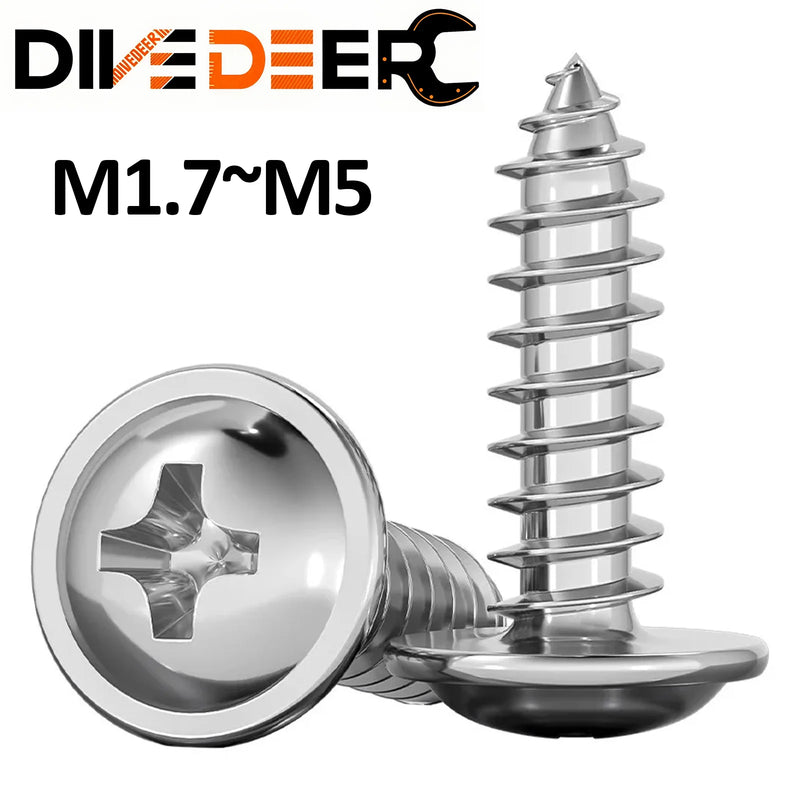 10/20/ 50pcs M1.7 M2 M2.3 M2.6 M3 M3.5~M5 304 Stainless Steel Cross Phillips Pan Round Head W/ Washer Collar Self-tapping Screw