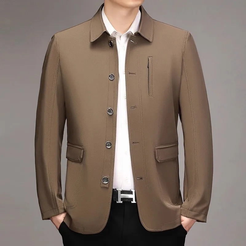 2026 New Men's Red Long-sleeve Collared Jacket, Black Single-breasted Casual Coat, Navy and Khaki Tops.