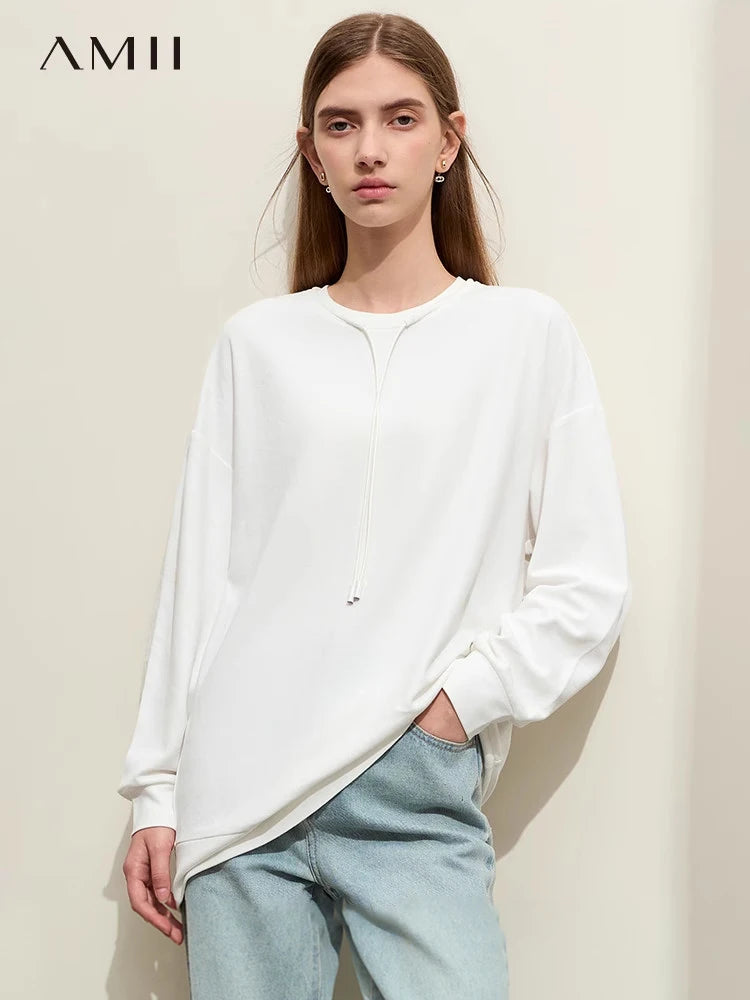 អាវក្រៅ AMII បែប Minimalist Sporty សម្រាប់ស្ត្រី រដូវស្លឹកឈើជ្រុះឆ្នាំ ២០២៤ អាវថ្មីរលុង អាវយឺតកមូលទាន់សម័យ 12421006