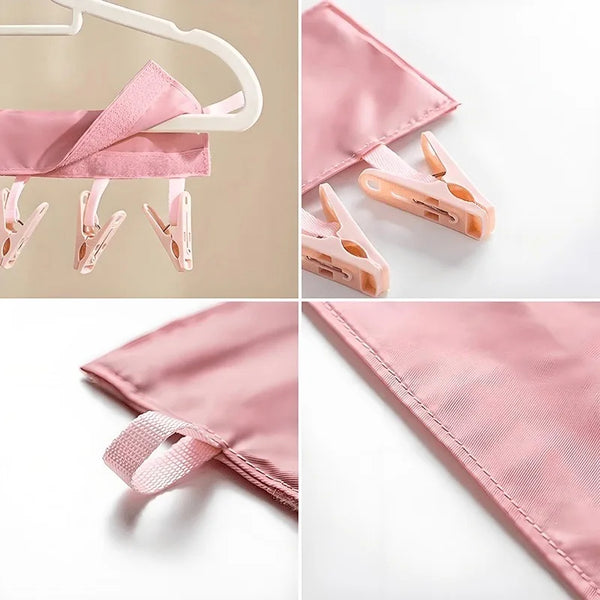 2pcs Portable Travel Fabric Clothes Hanger with 6 Clips- Foldable, Space-Saving Drying Rack for Socks,Small Garments.
