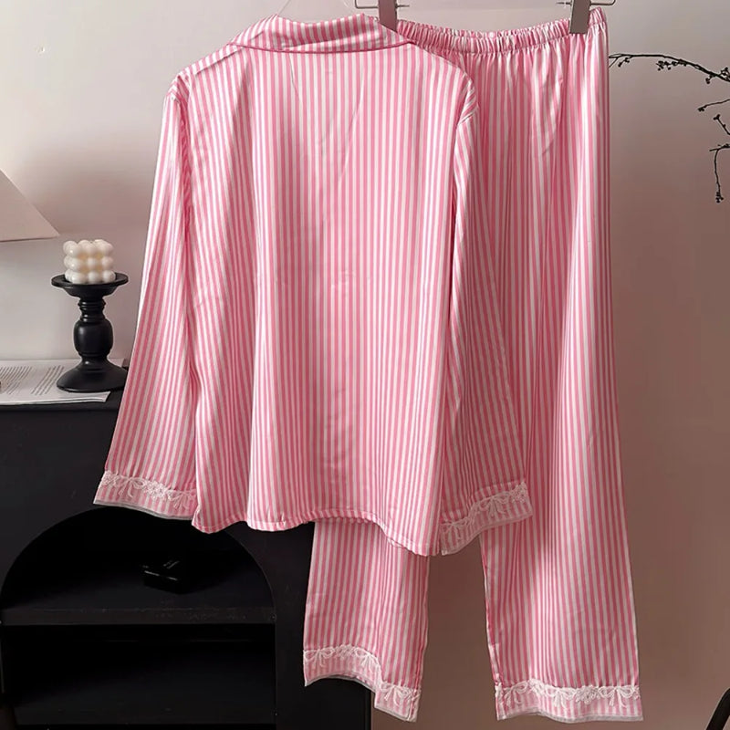 Ice Silk Striped Long Sleeve Women's Pajamas Set Nightie Autumn Ladies Two-Piece Set Sleepwear Woman Home Wear Pyjama Femmes