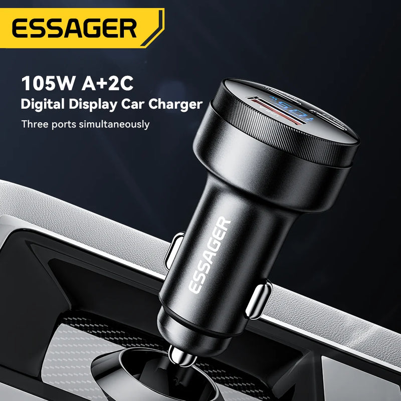 ឆ្នាំងសាករថយន្ត Essager 105W USB សាកលឿន 4.0 QC4.0 QC3.0 QC SCP PPS PD USB ប្រភេទ C សាកលឿនសម្រាប់ទូរស័ព្ទ iPhone 14 15 Xiaomi