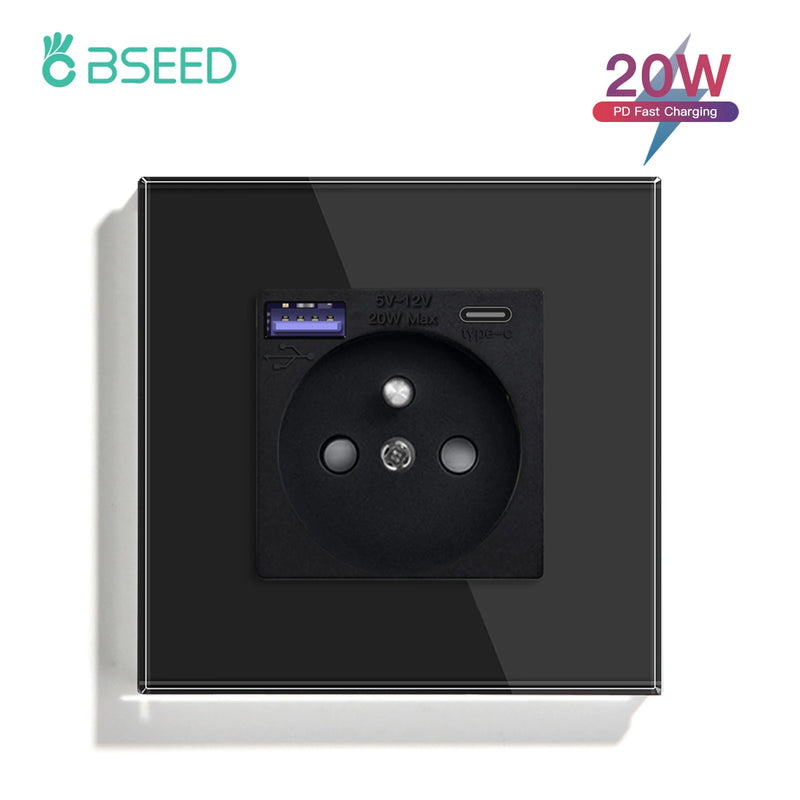 BSEED France Standard Wall Electrical Outlet USB Type-C Charge Port Glass Panel 20W Fast Charge French Socket 110-250V