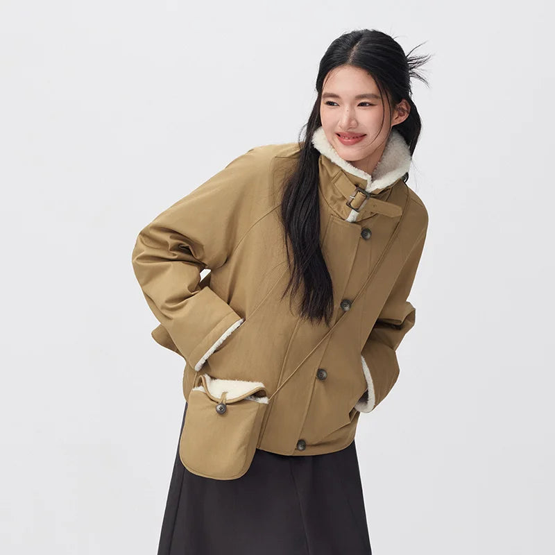 Semir Women Winter Jacket Plush Collar Loose Fit Raglan Sleeve Vintage Style Workwear 2026 New Winter Daily Wear