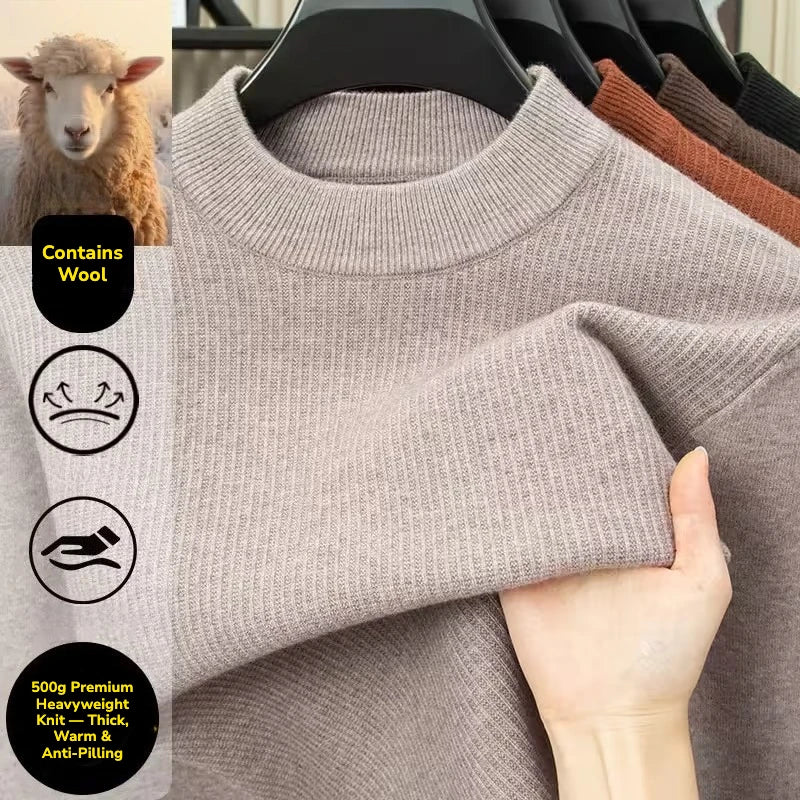 Men's Heavyweight Half High Collar Sweater 500g Thick Wool Blend Anti-Pilling Winter Pullover