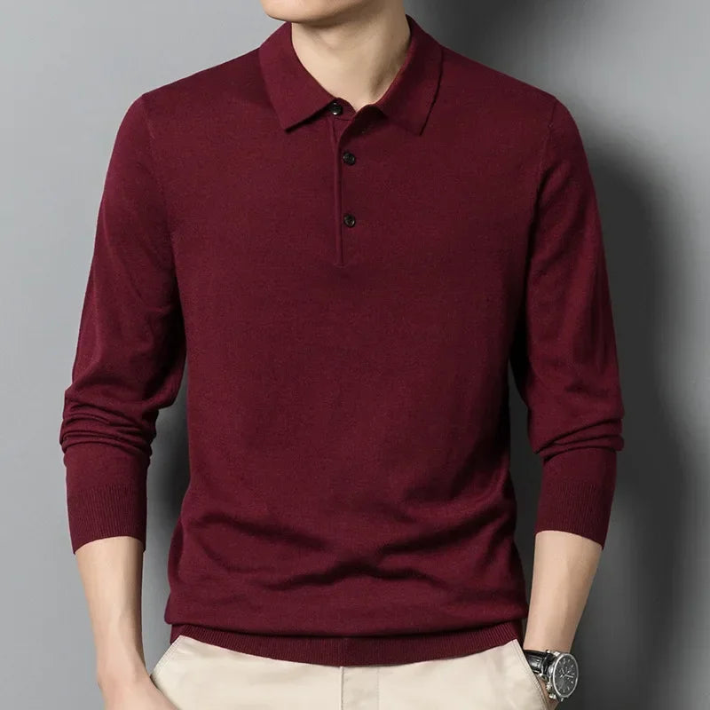 Men's Autumn Long-Sleeved Wool Blend Solid Color Polo Pullover Sweater with Lapel, Casual Bottoming Sweater -Sizes M-4XL