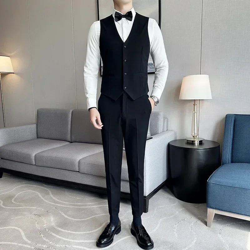 Men's Wedding Solid Color Suit Vest, Groom Groomsman Suit, Black Single-Breasted Slim Fit Waistcoat , Business Casual, M-7XL
