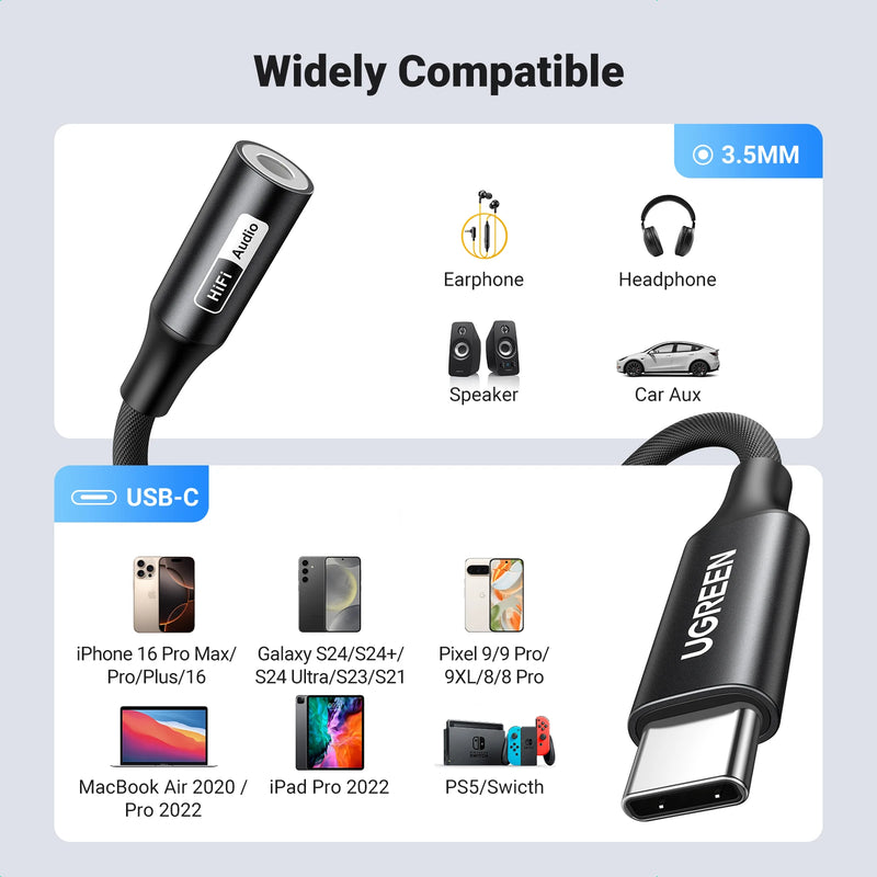 UGREEN Sound Card Type C to 3.5mm AUX Cable Adapter Earphone Converter DAC Chip PD QC Charging Sound Card for Headset