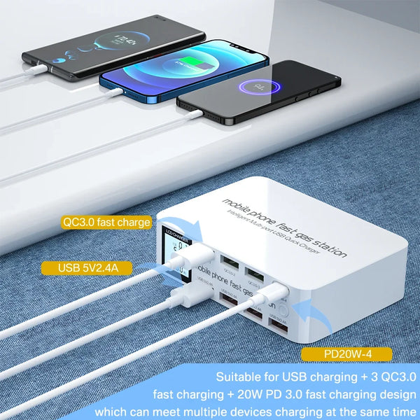 100W 8 រន្ធ អេក្រង់ LCD សាកលឿន 3.0 USB Charger Adapter HUB Type C PD Fast Phone Charger សម្រាប់ iPhone Huawei Samsung Xiaomi