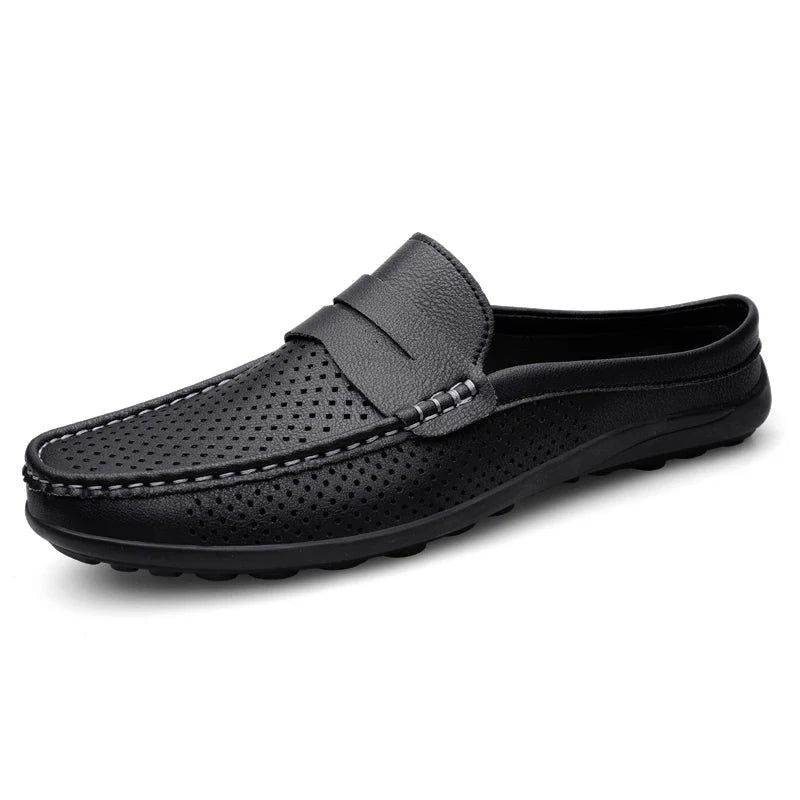 Summer Men Breathable Half Shoes Casual Leather Shoes White Black Slip On Loafers Shoes Big Size 46 47 Dropshipping
