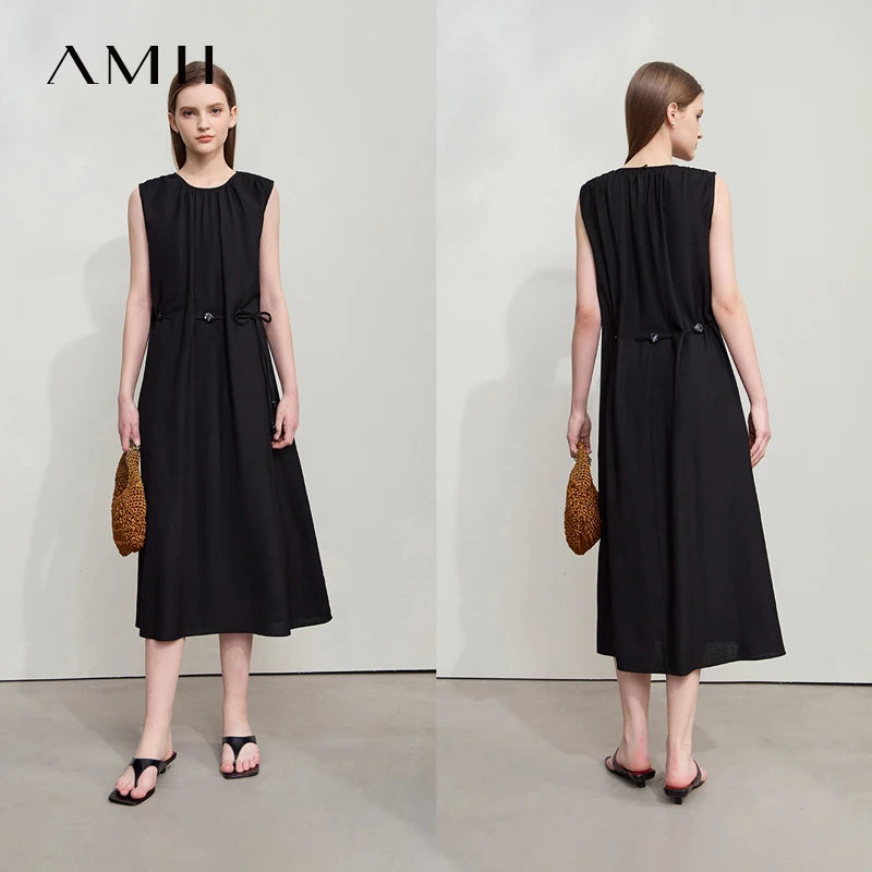 AMII រ៉ូបម៉ូដនារីបែប Minimalism កមូល ដៃអាវគ្មានដៃ រ៉ូបខ្សែអង្កាំ រ៉ូបសម្រាប់នារី រ៉ូបរលុងប្រចាំថ្ងៃ 12542132
