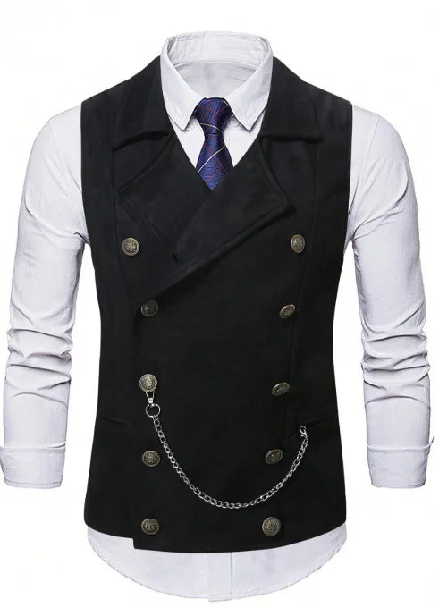 2026 Black Double-breasted Men's Suit Vests, Brown V-neck Sleeveless Vest Jacket, Dark Blue Business Casual Waistcoat.