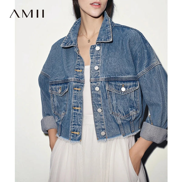 អាវក្រៅ Amii Minimalism Women រដូវស្លឹកឈើជ្រុះឆ្នាំ ២០២៦ អាវក្រៅ Denim ថ្មីសម្រាប់នារី សាមញ្ញ និងអាចបត់បែនបាន អាវខ្លី 12611029