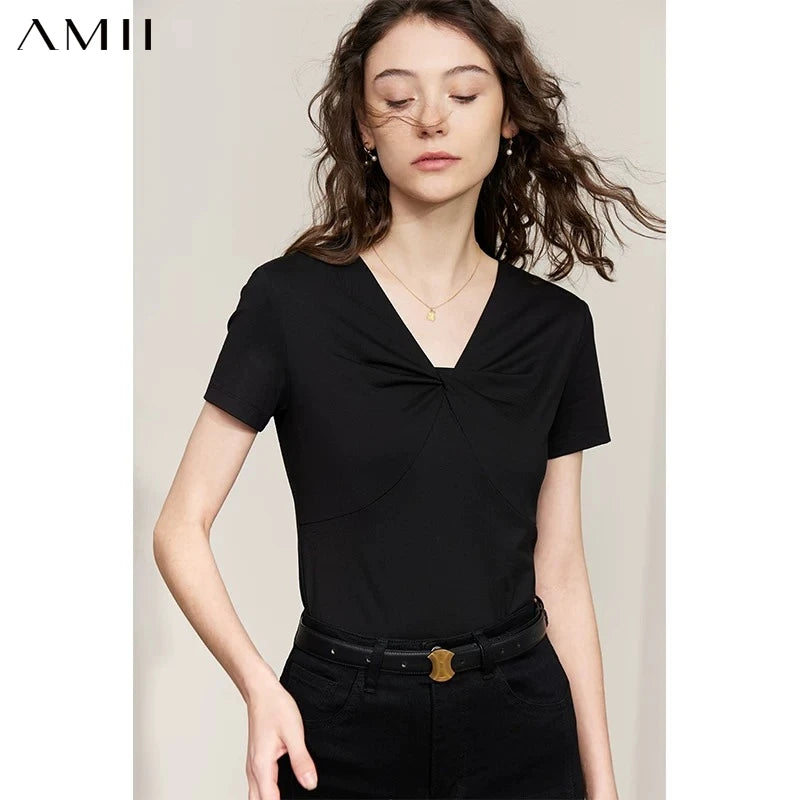 AMII Minimalism T-shirt for Women 2026 Summer New Sleeve Slim Design V-Neck Modal Cotton White Top Bottom T-shirts 12342212