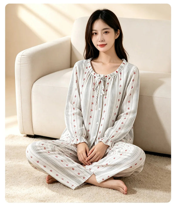 100% Cotton Women's Pajama Set Home Wear Floral Long Sleeve Loungewear Sleepwear Ladies Pijama 2 Pieces Set Night Wear Female