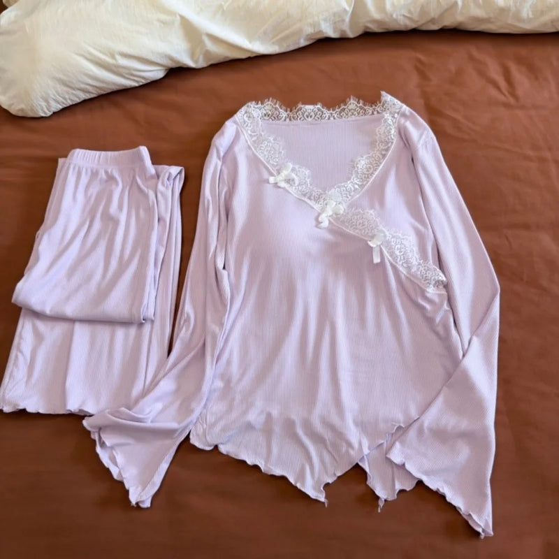 Spring Autumn Long-sleeved Trousers Sleepwear Women Thin Chest Pad Pajamas Homewear Elegant Two-Piece Set Women’s Loungewear