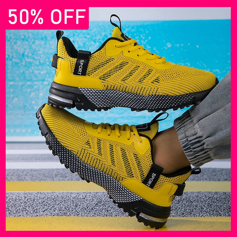 Men Sports Shoes Fashion Lace Up Mesh Breathable Versatile Running Shoes New Thick Soled Anti Slip Wear-resistant Hiking Shoes
