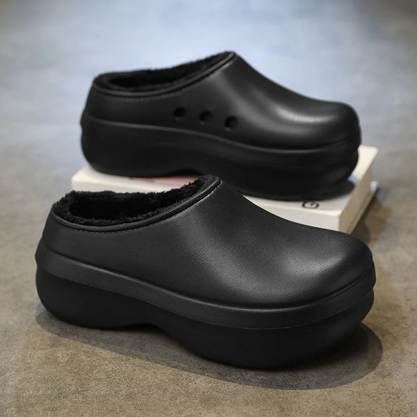 Men Women's Thick Sole Cotton Slippers Winter Warm Plus Velvet Slippers Waterproof Non-Slip Light Hotel Chef Kitchen Work Shoes