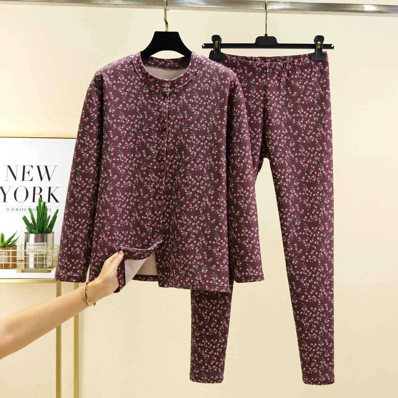 Pijamas Women Floral Print Winter Sleeping Pajamas Thicken Warm Sleepwear Set De Velvet Home Clothes Casual Big Size Pyjamas