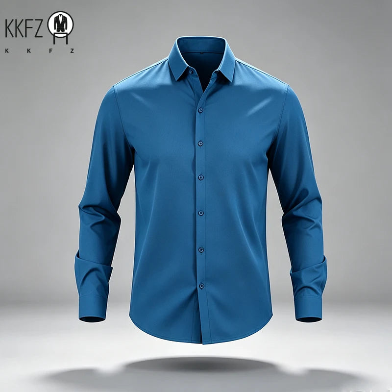 Mens Slim Fit Collared Long Sleeve Shirt Full Button Front Elastic Texture All Match Workplace Leisure Outer Garment