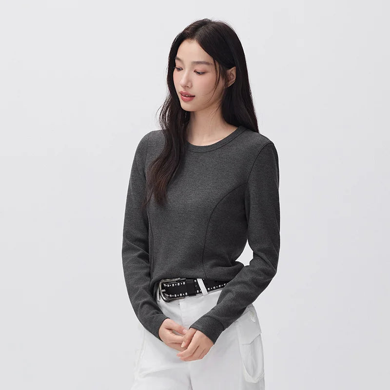 Semir Women Knit Tshirt Cropped Solid Color Crew Neck Brushed Fabric Slim Fit Panel Design Minimal Design 2026 New