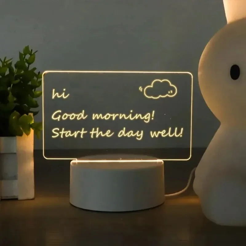 LED Night Light with Pen Acrylic Dry Erase Board Clear Desktop Note Memo Board Painting Message Soft Lights Desk Lamp Gift