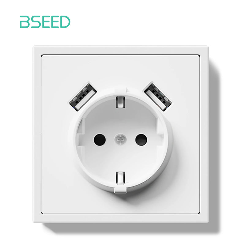 BSEED EU Standard Single Wall Socket Double USB Charge Port Wall Power Outlets Electric Plugs White Black Plastic Frame 16A