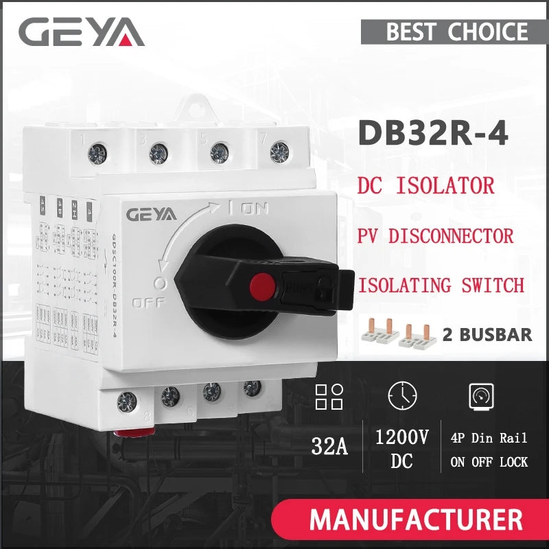 GEYA DB32R DC Solar Isolator Switch PV Disconnector 1200VDC 32A 4P Din Rail Rotating Handle Solar Isolating Switch