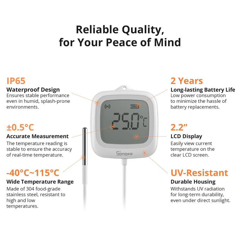 SONOFF SNZB-02LD Zigbee3.0 LCD Smart Thermometer with Probe IP65 Waterproof for Fridge Pool Fish tank Wine Cellar via ZBBridge-P