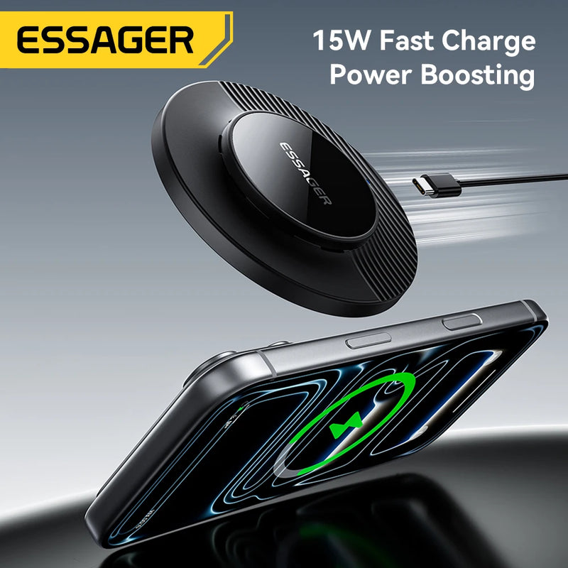 ឆ្នាំងសាកឥតខ្សែ Essager 15W ម៉ាញេទិក បន្ទះសាកថ្មលឿន សម្រាប់ iPhone 17 16 15 Pro កាសស្តាប់ត្រចៀក Huawei Samsung Xiaomi ទូរស័ព្ទ Android