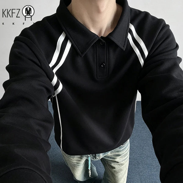 Mens Sports Style Polo Pullover Lapel Collar Long Sleeve Side Striped Detail Raglan Cut Soft Fabric Top