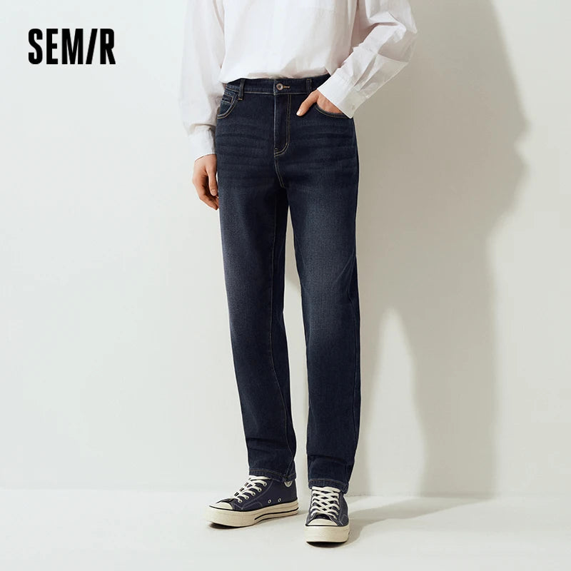 Semir Men Jeans Fleece Lined Stretch Tapered Fit Whisker Distressed Wash 2026 Vintage Warm Urban Casual Denim PantsSemir Men Jea