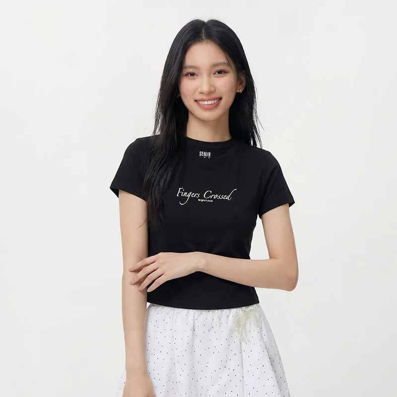 Semir Women Tshirt Slim Standard Shoulder Letter Print Crew Neck 2026 Summer Fashion Casual Style Soft Lightweight Daily Top