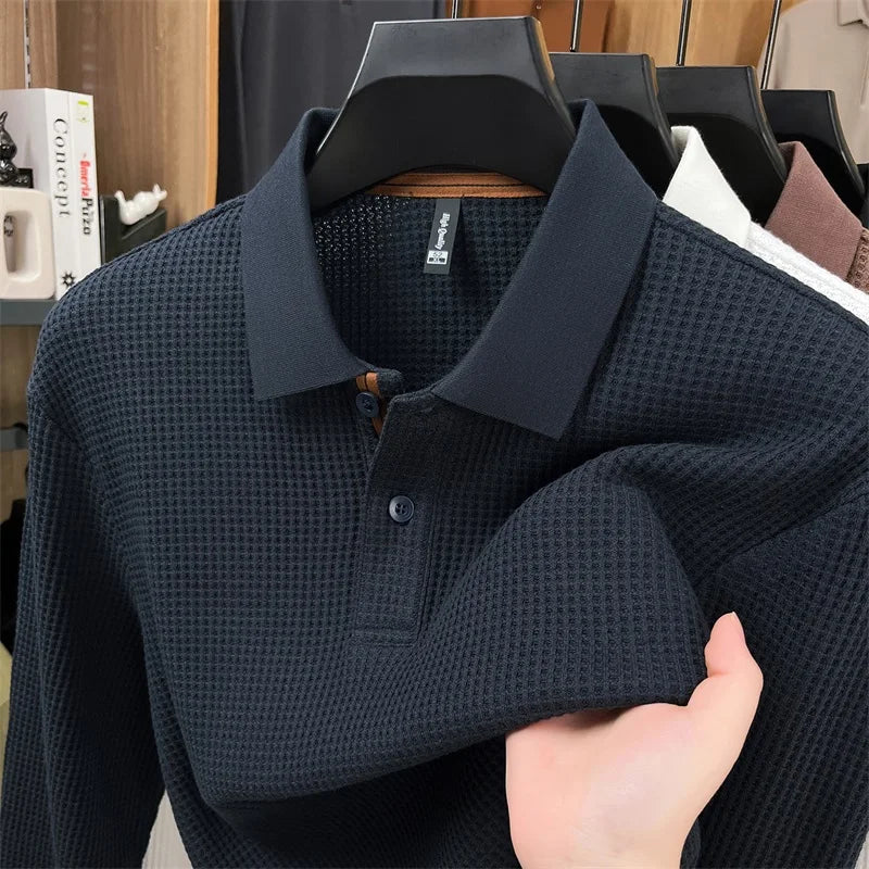 Men's Long Sleeve Waffle Knit Polo Shirt – Soft Cotton Blend, Slim Fit, Casual Business Top for Autumn Winter, Multi-Color