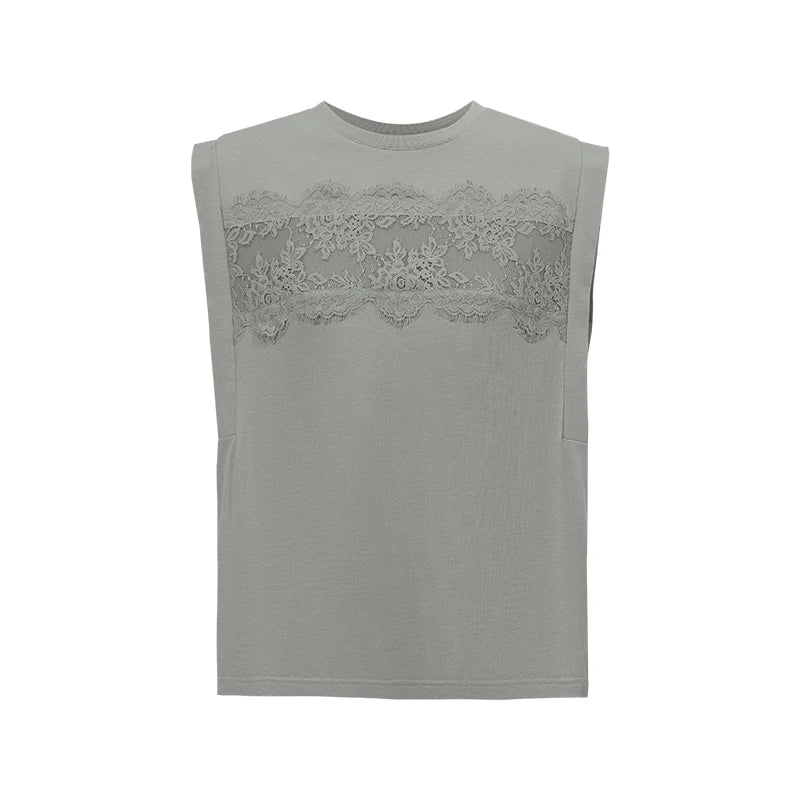 Amii Women's Top 2026 Summer New Round Neck Lace Trim 100% Cotton Tank Tee Loose Casual Sleeveless T-Shirt For Women 12622139
