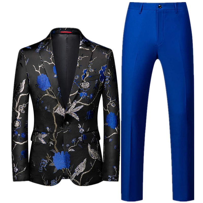 2026 Men's Two-Piece Set, Wedding Party Jacket and Trousers in Black with Red Flowers Jacquard Fabric Slim Fit Men Coat & Pants.