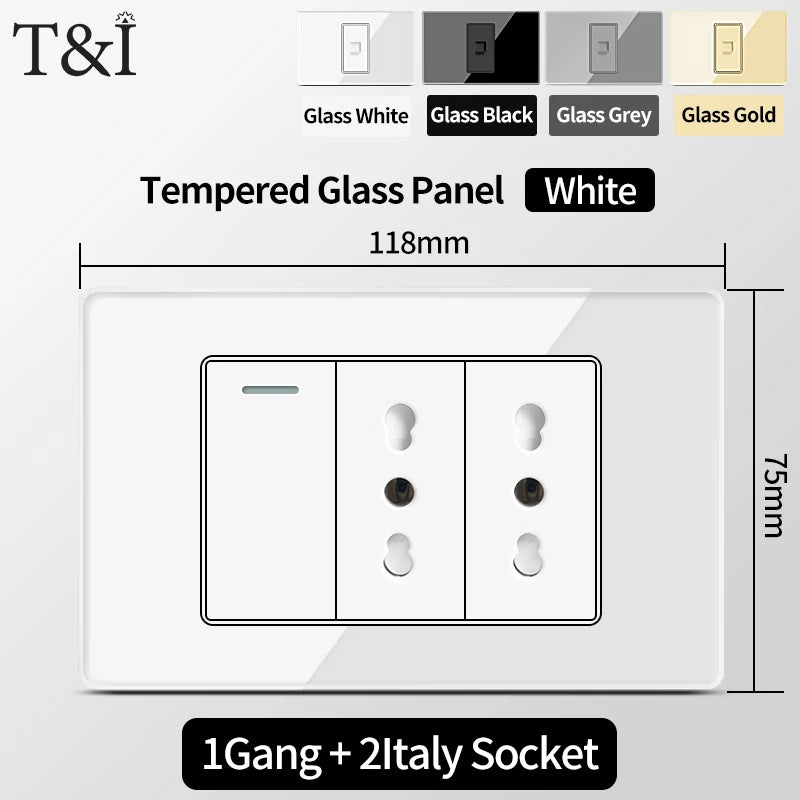 T&I Wall Switch Sockets With USB TypeC  Fast Charging, Italy Socket , Chile Schuko Outlet, Tempered Glass Panel for Home