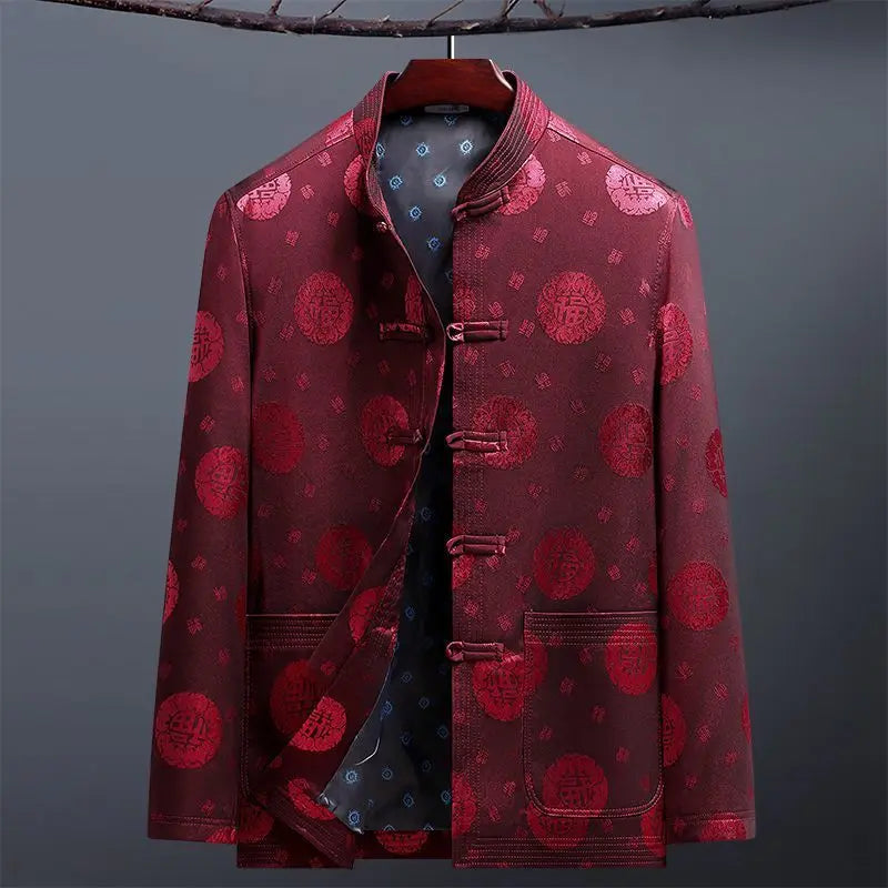 2026 New Men's Red Embroidered Long-Sleeve Jacket, Chinese-Style Single-Breasted Stand-Up Collar Coat, Fashionable Casual Tops.
