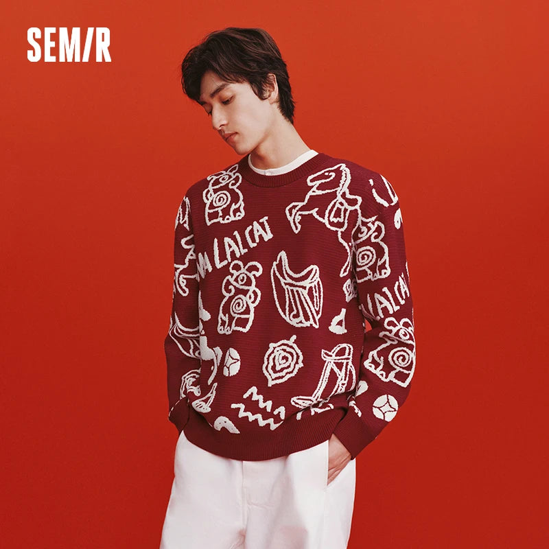 Semir New Year Sweater Men 2026 Spring Soft Jacquard Crew Neck Casual Fashion Comfortable Versatile Knitwear Top