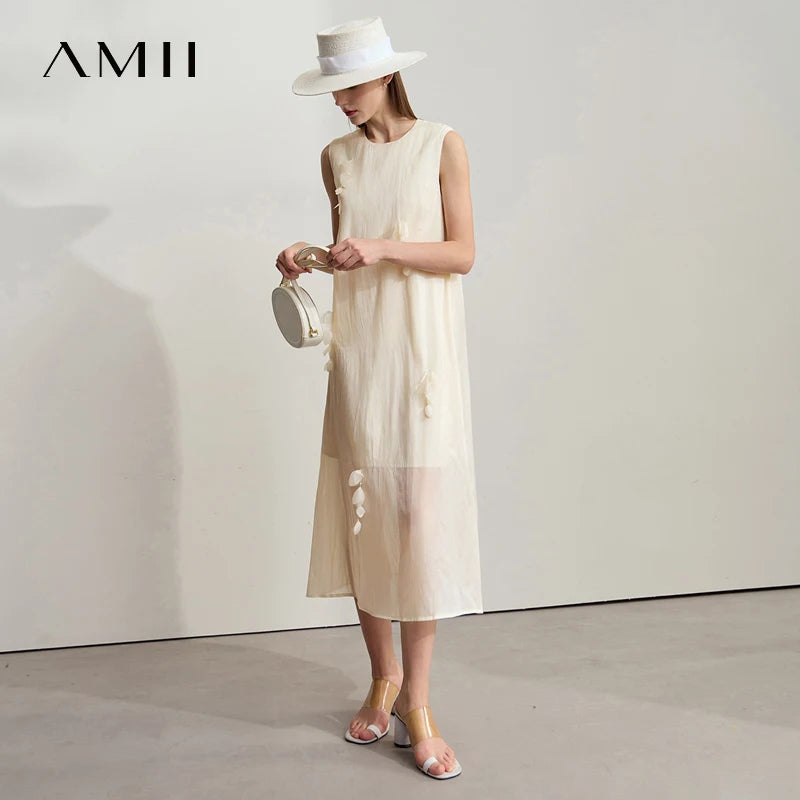 រ៉ូបនារី Amii ពណ៌សាមញ្ញ ធ្វើពីសូត្រ Mulberry លាយកប្បាស ដៃខ្លី មានលំនាំផ្កាបីវិមាត្រ 12542104