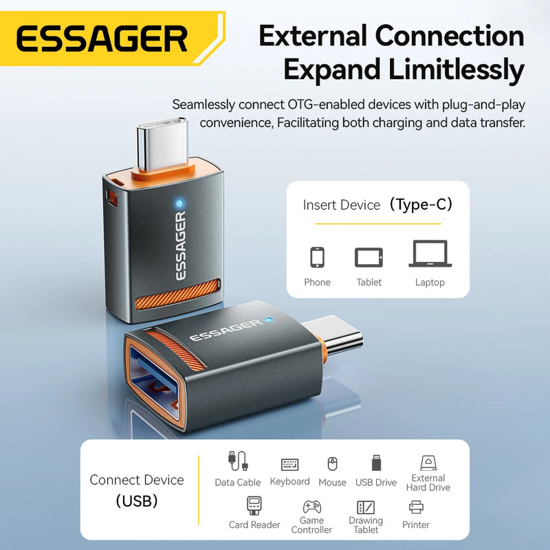 ឧបករណ៍ភ្ជាប់ Essager USB3.0 OTG Type-C USB-A Micro Female ទៅ USB Micro iP Type-C Male Converter សម្រាប់ Macbook Xiaomi iPhone OTG Adapter