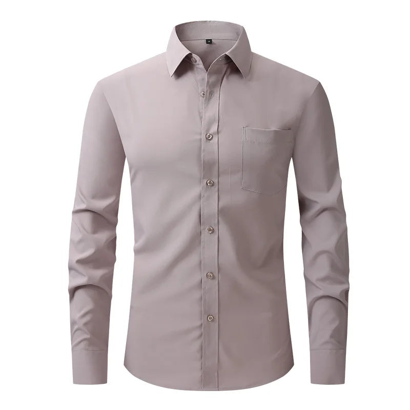 Solid Color Men's Long-sleeved Shirt, Single-breasted Square Collar Small Elastic Shirts, Suitable for Wedding/Business/Office