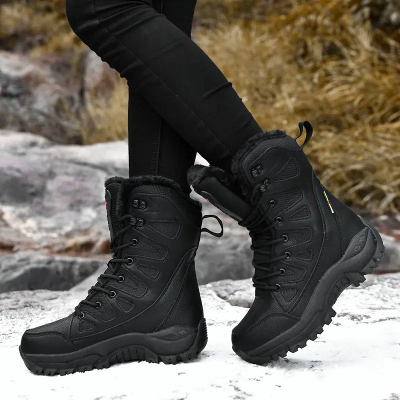 Men Women's High-Top Cotton Boots Winter Warm Plush Casual Snow Hiking Boots Outdoor Forest Protection Tactical Training Boots